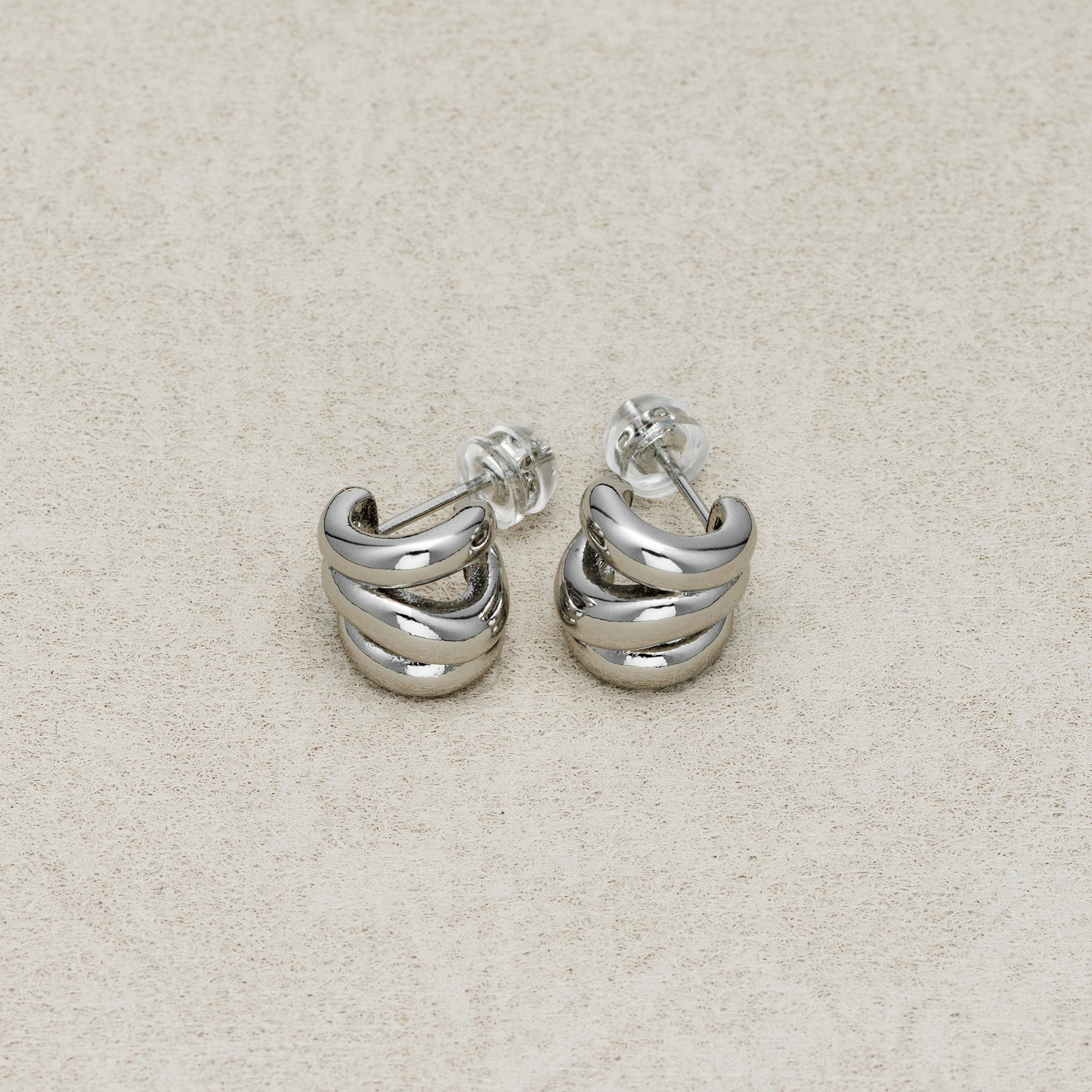 Launch Promo: 24K Gold PVD Stainless Steel Interlocking Triple Ribbed C Hoop Earring in Gold & Silver