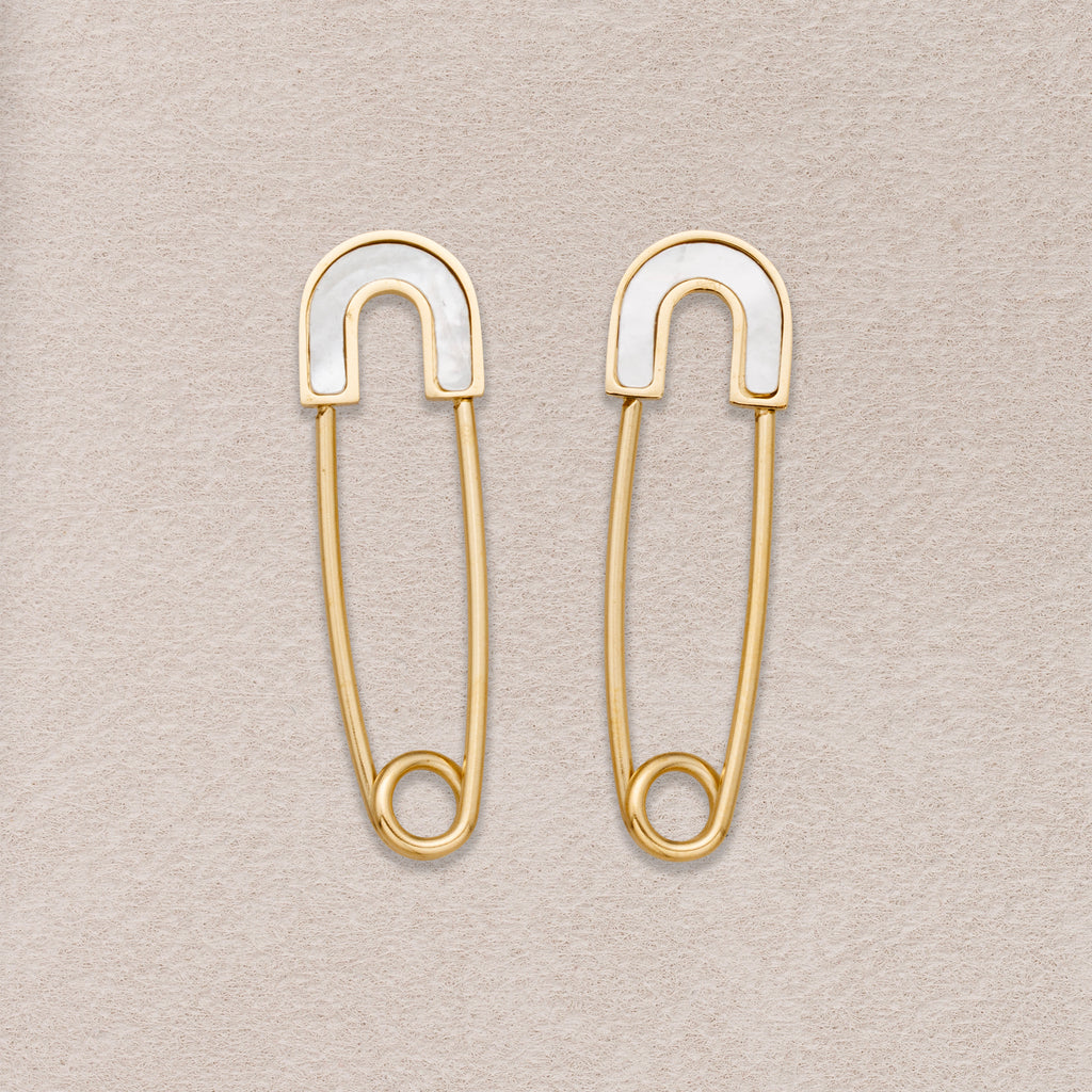 Launch Promo: 24K Gold PVD Stainless Steel Mother Of Pearl Safety Pin Stud Earring