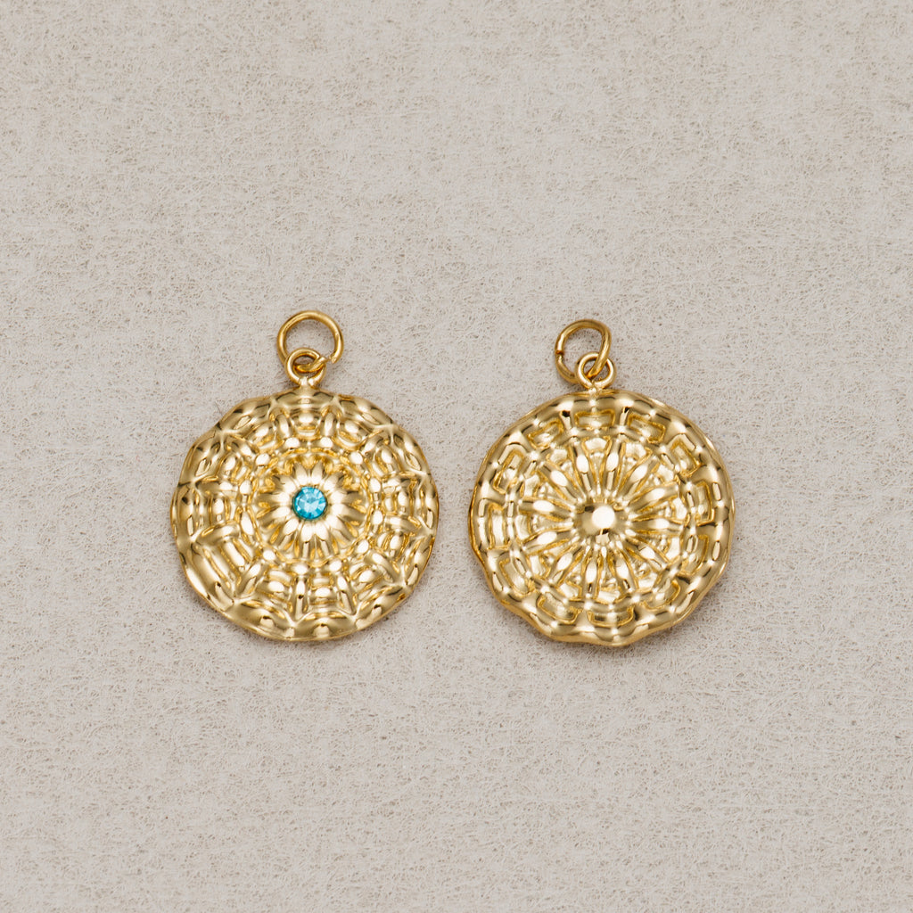 Launch Promo: 14K Gold PVD Stainless Steel Turquoise CZ Textured Bohemian Style Sunburst Charm | Sold Each