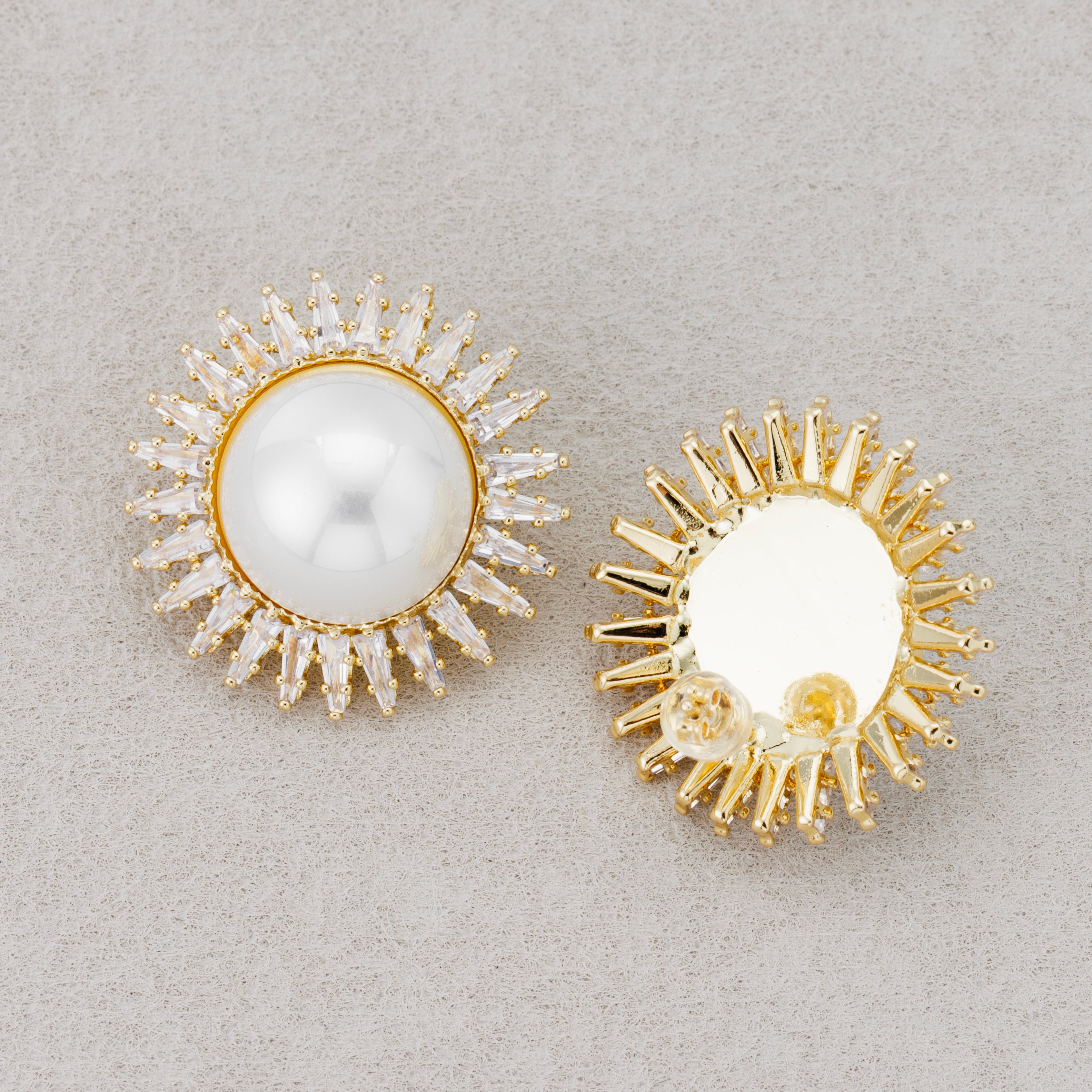 Launch Promo: 24K Gold PVD Stainless Steel Shell Pearl Clear CZ Sunburst Stud Earring