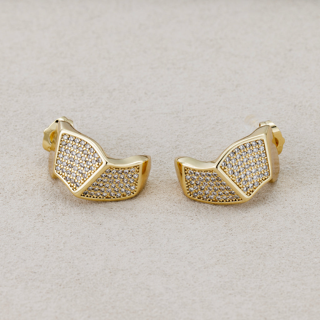 14K Gold Plated Micro Paved CZ Wide Geometric Huggie Hoop Earring