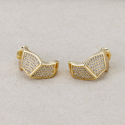 14K Gold Plated Micro Paved CZ Wide Geometric Huggie Hoop Earring
