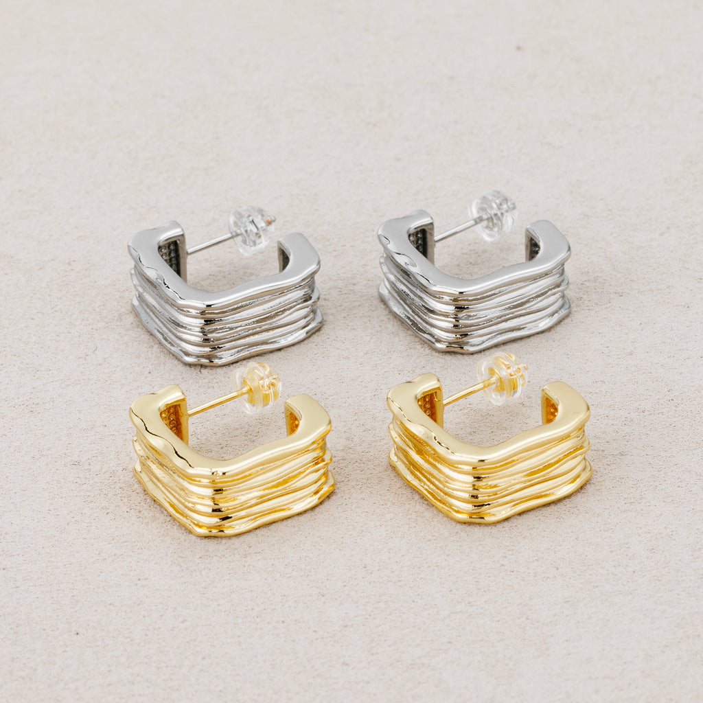 Launch Promo: 24K Gold PVD Stainless Steel Square Wavy Ribbon Stud Earring in Gold & Silver | Sold Each