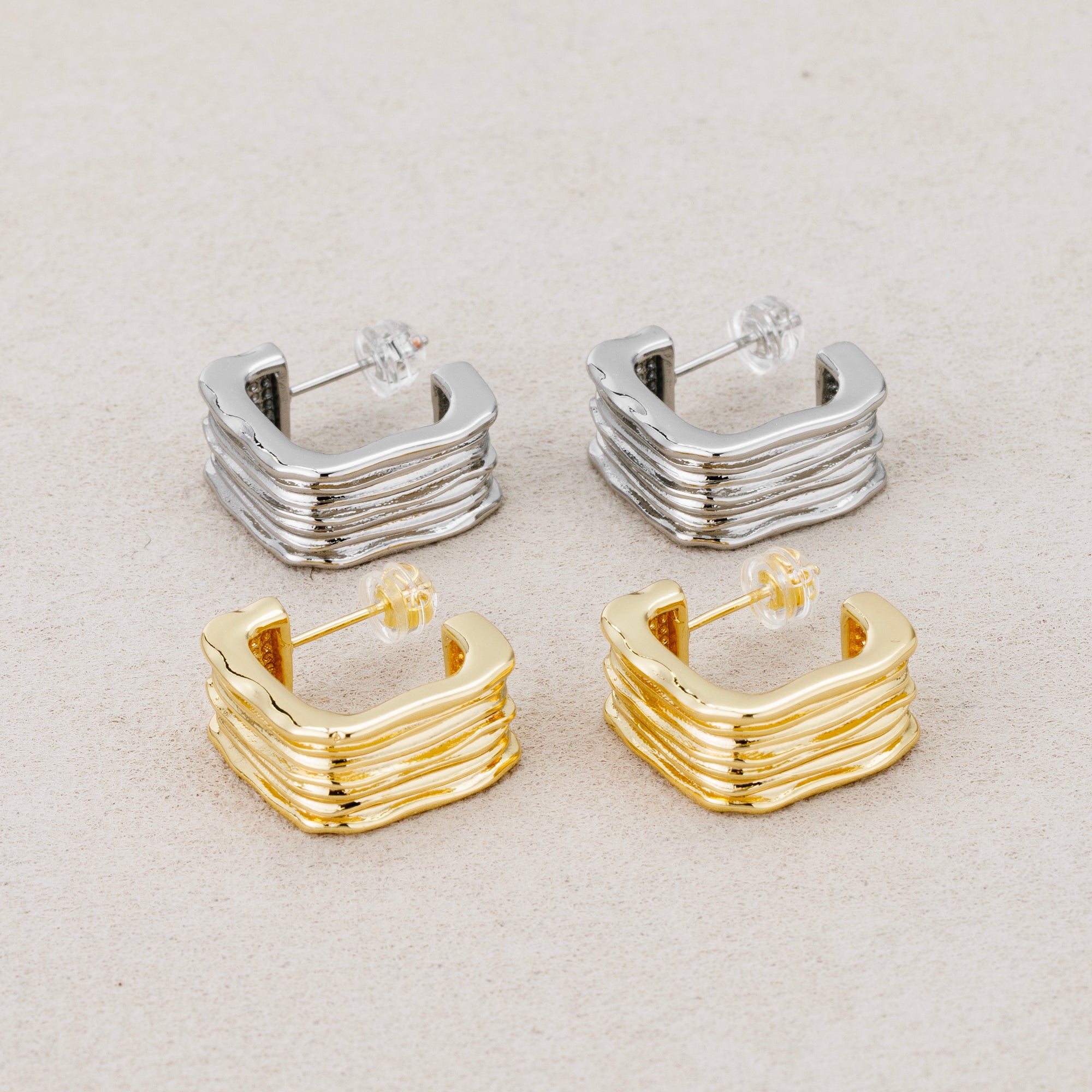 Launch Promo: 24K Gold PVD Stainless Steel Square Wavy Ribbon Stud Earring in Gold & Silver | Sold Each