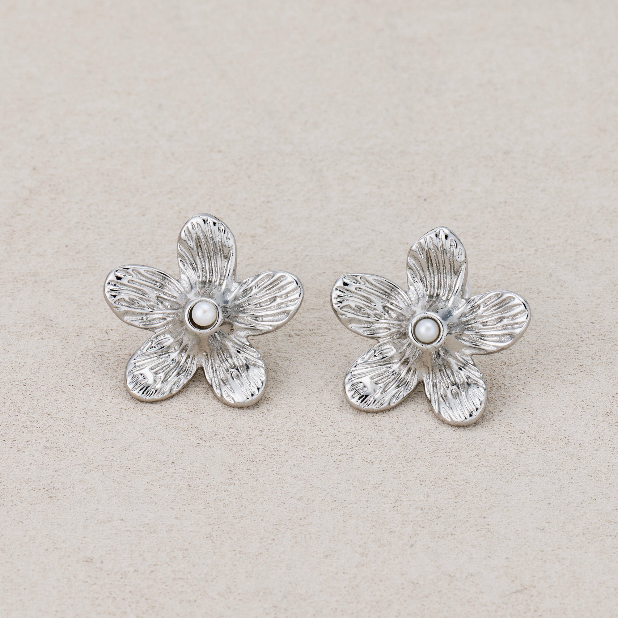 Launch Promo: 24K Gold PVD Stainless Steel Shell Pearl Hammered Petal Flower Stud Earring in Gold & Silver