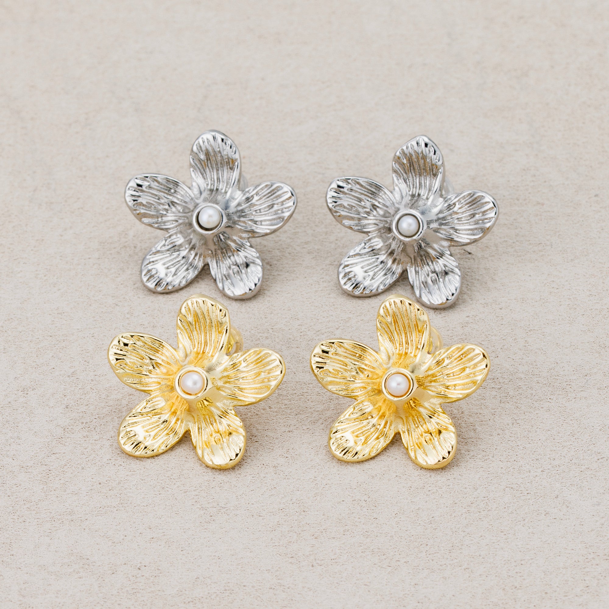 Launch Promo: 24K Gold PVD Stainless Steel Shell Pearl Hammered Petal Flower Stud Earring in Gold & Silver