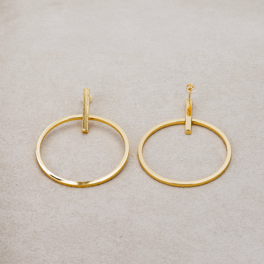 Launch Promo: 24K Gold PVD Stainless Steel Geometric Hoop and Bar Drop Statement Stud Earring | Sold Each