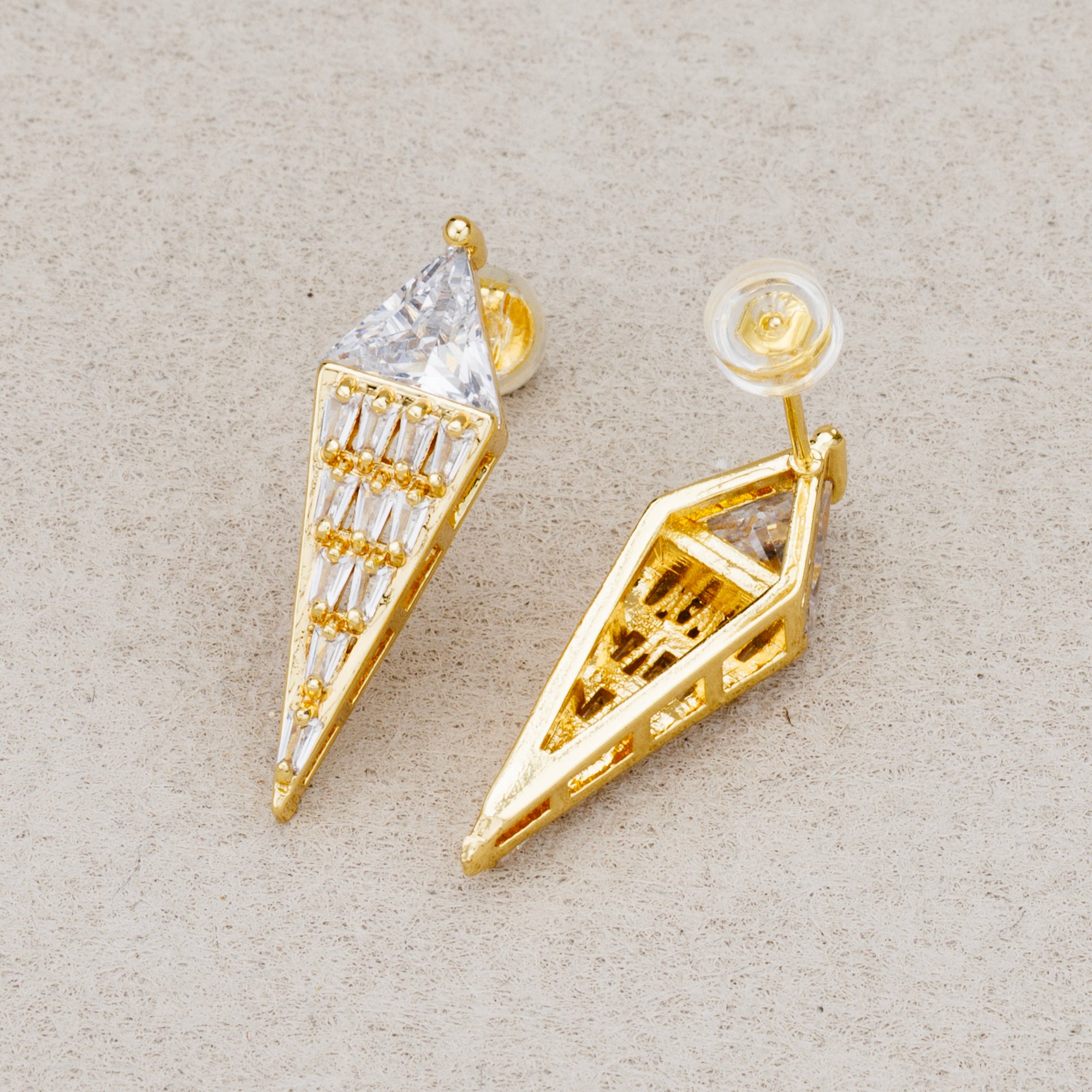 Launch Promo: 24K Gold PVD Stainless Steel Clear CZ Triangle Baguette Stud Earring | Sold Each