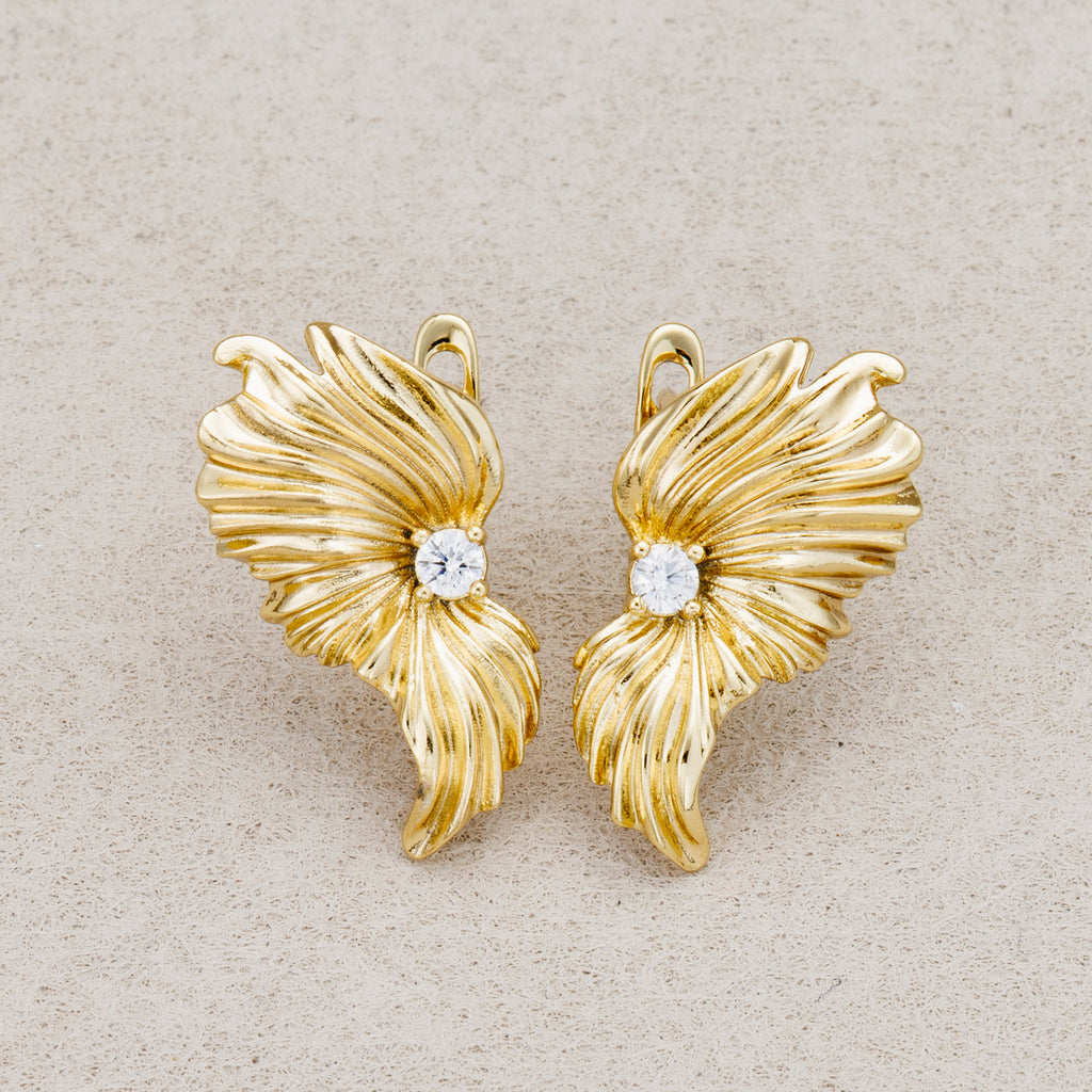 Launch Promo: 24K Gold PVD Stainless Steel Clear CZ Floral Wing English Lock Earring | Sold Each