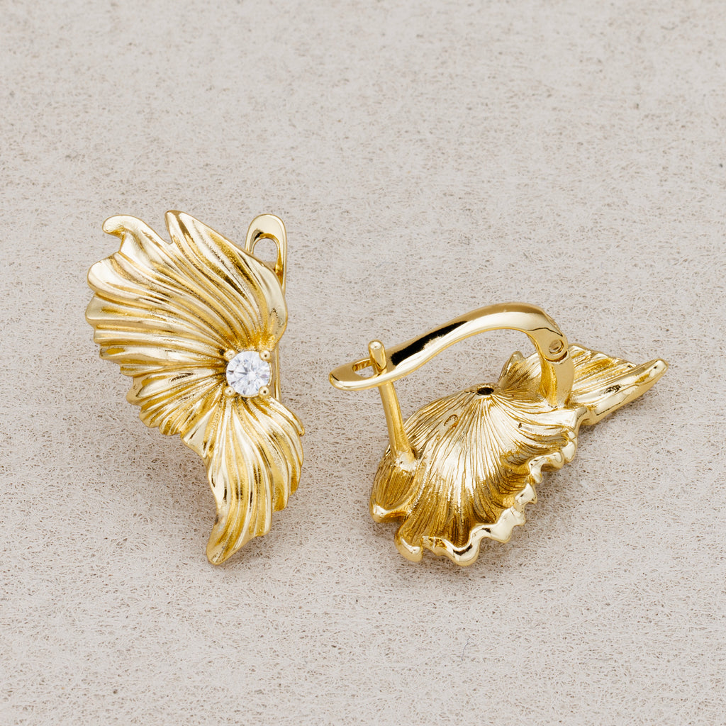 Launch Promo: 24K Gold PVD Stainless Steel Clear CZ Floral Wing English Lock Earring | Sold Each