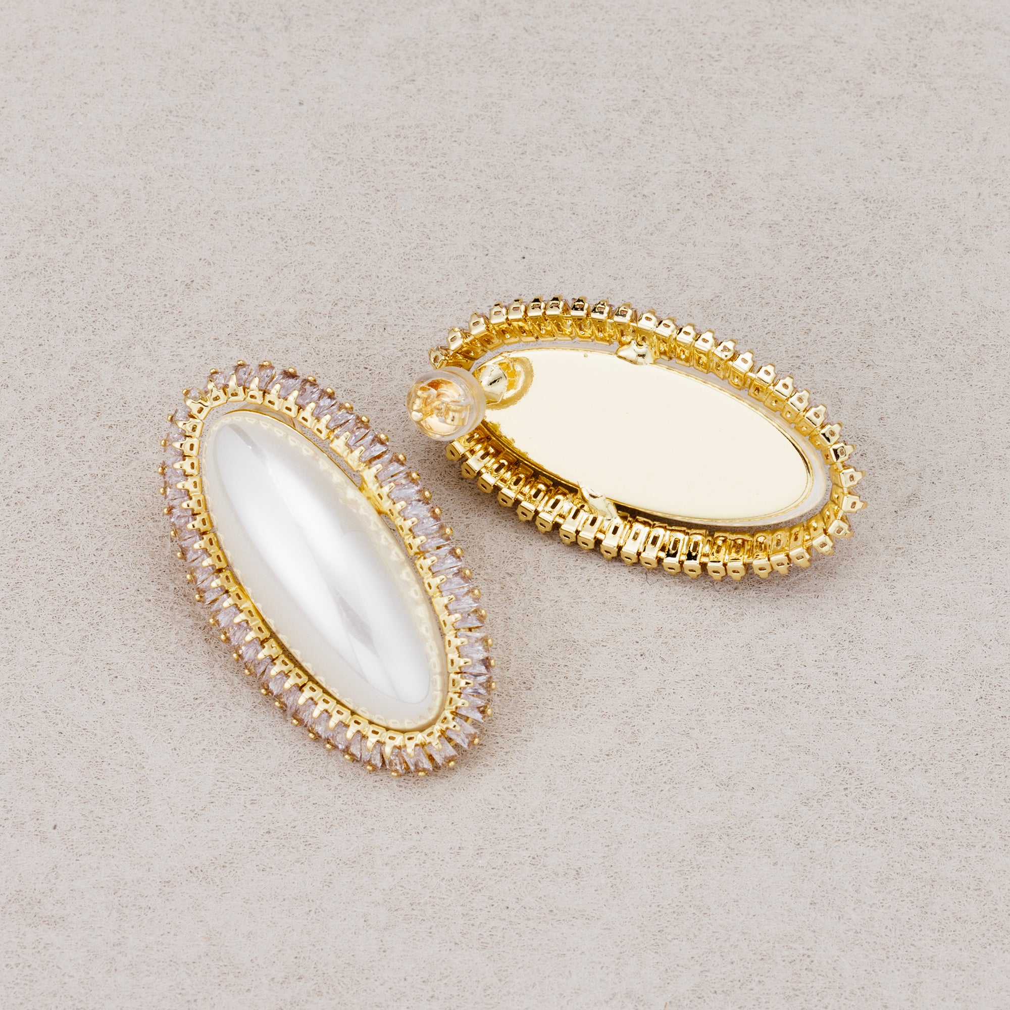 Launch Promo: 24K Gold PVD Stainless Steel Shell Pearl Oval Bezel CZ Statement Stud Earring | Sold Each