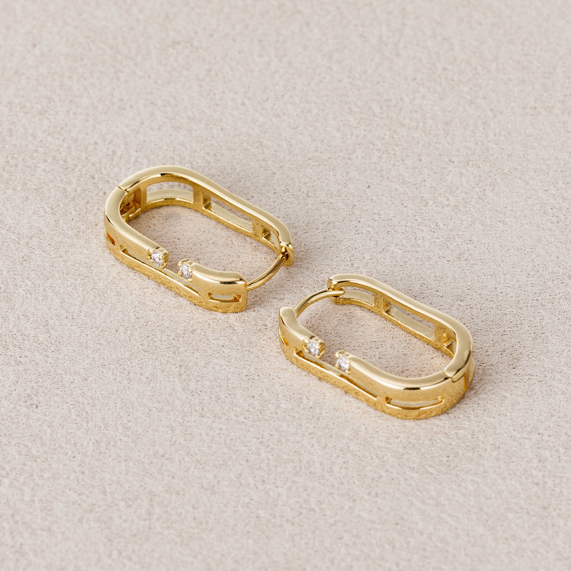 14K Gold Plated Clear CZ Rectangular Huggie Hoop Earring
