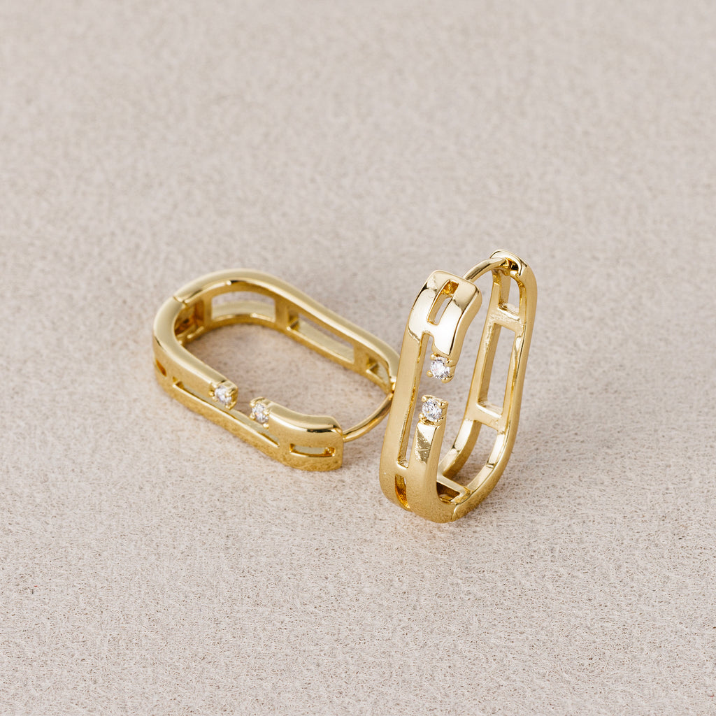 14K Gold Plated Clear CZ Rectangular Huggie Hoop Earring