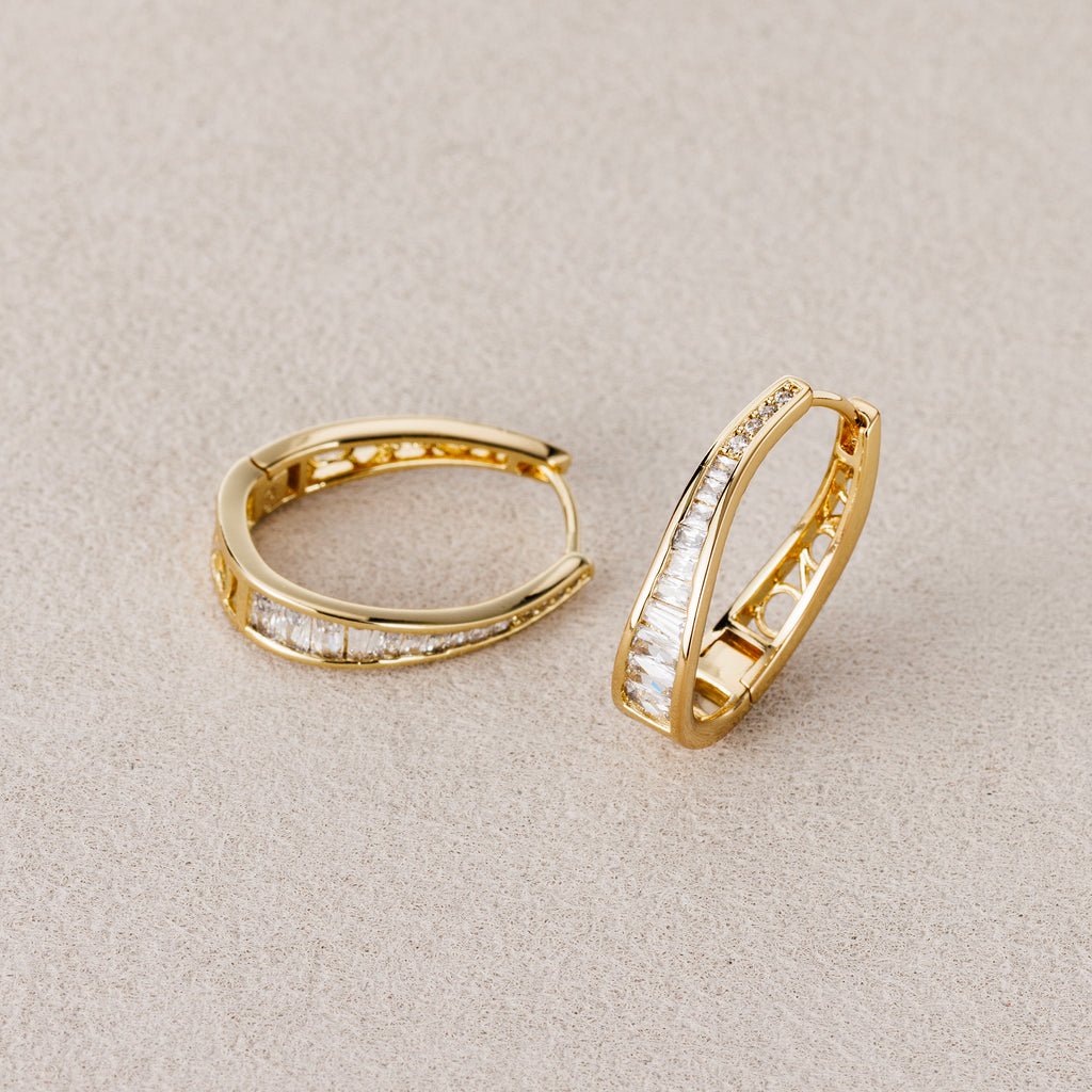 14K Gold Plated Baguette CZ Minimalist Teardrop Filigree Hoop Earrings