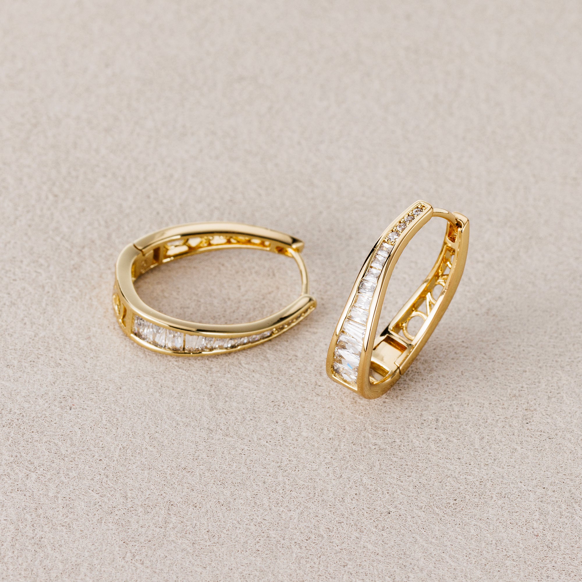 14K Gold Plated Baguette CZ Minimalist Teardrop Filigree Hoop Earrings