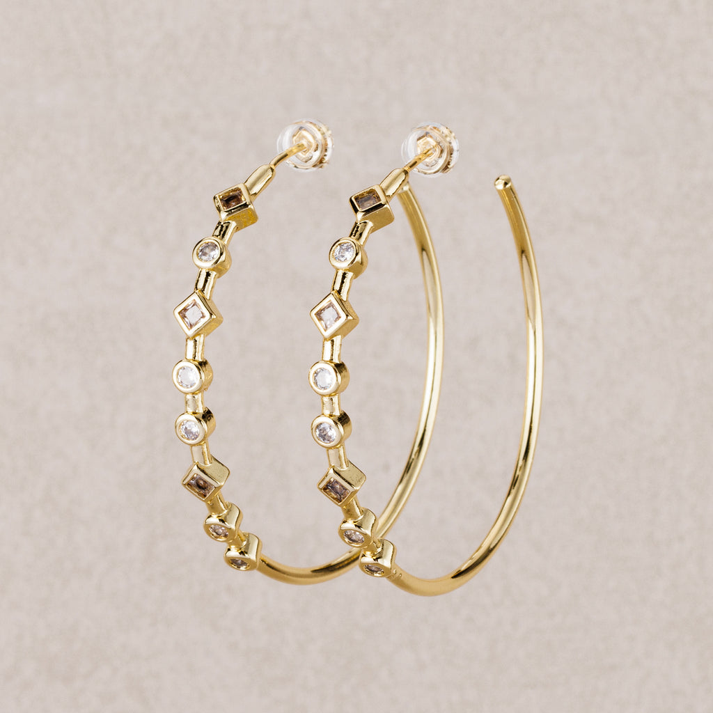 Launch Promo: 24K Gold PVD Stainless Steel Multi Cut CZ Geometric Hoop Statement Stud Earring