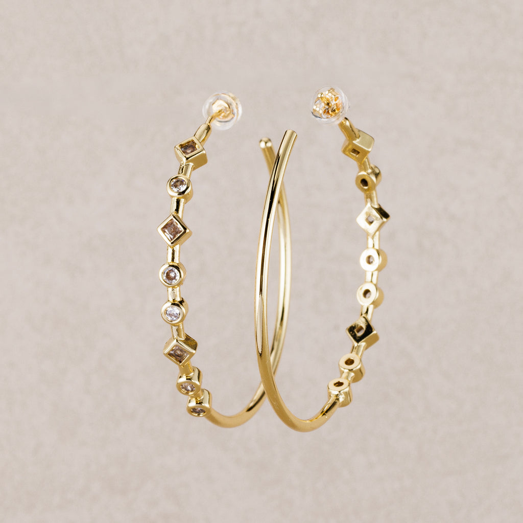 Launch Promo: 24K Gold PVD Stainless Steel Multi Cut CZ Geometric Hoop Statement Stud Earring