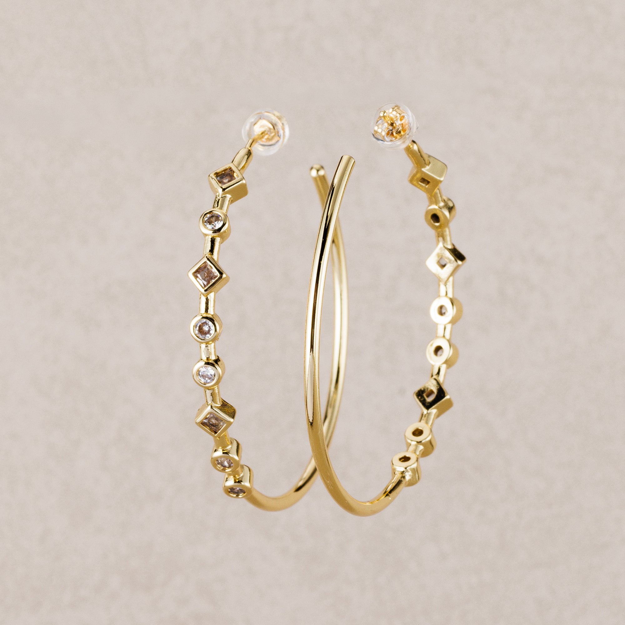 Launch Promo: 24K Gold PVD Stainless Steel Multi Cut CZ Geometric Hoop Statement Stud Earring