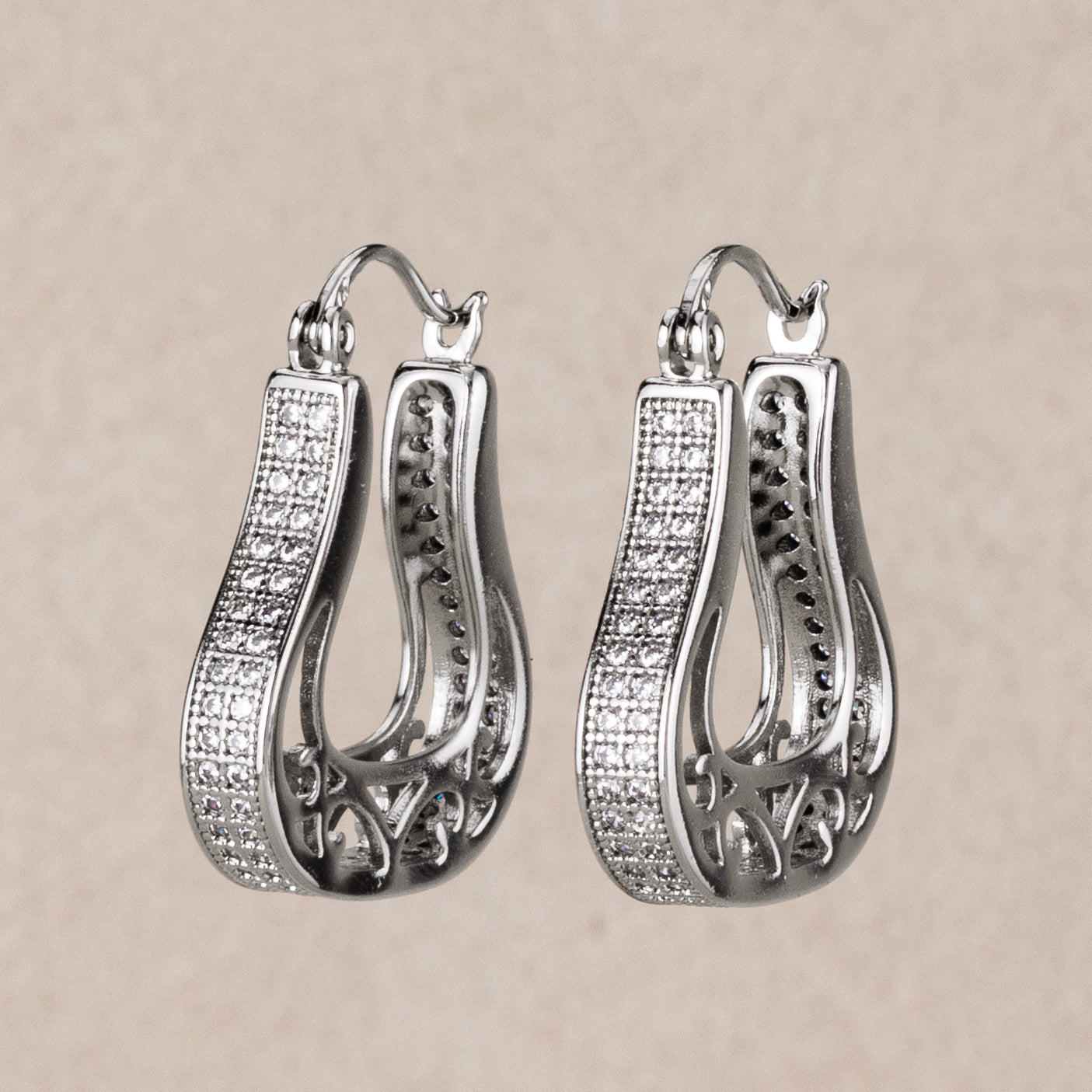 14K Rhodium Plated Micro Paved CZ Filigree Teardrop Hoop Earrings