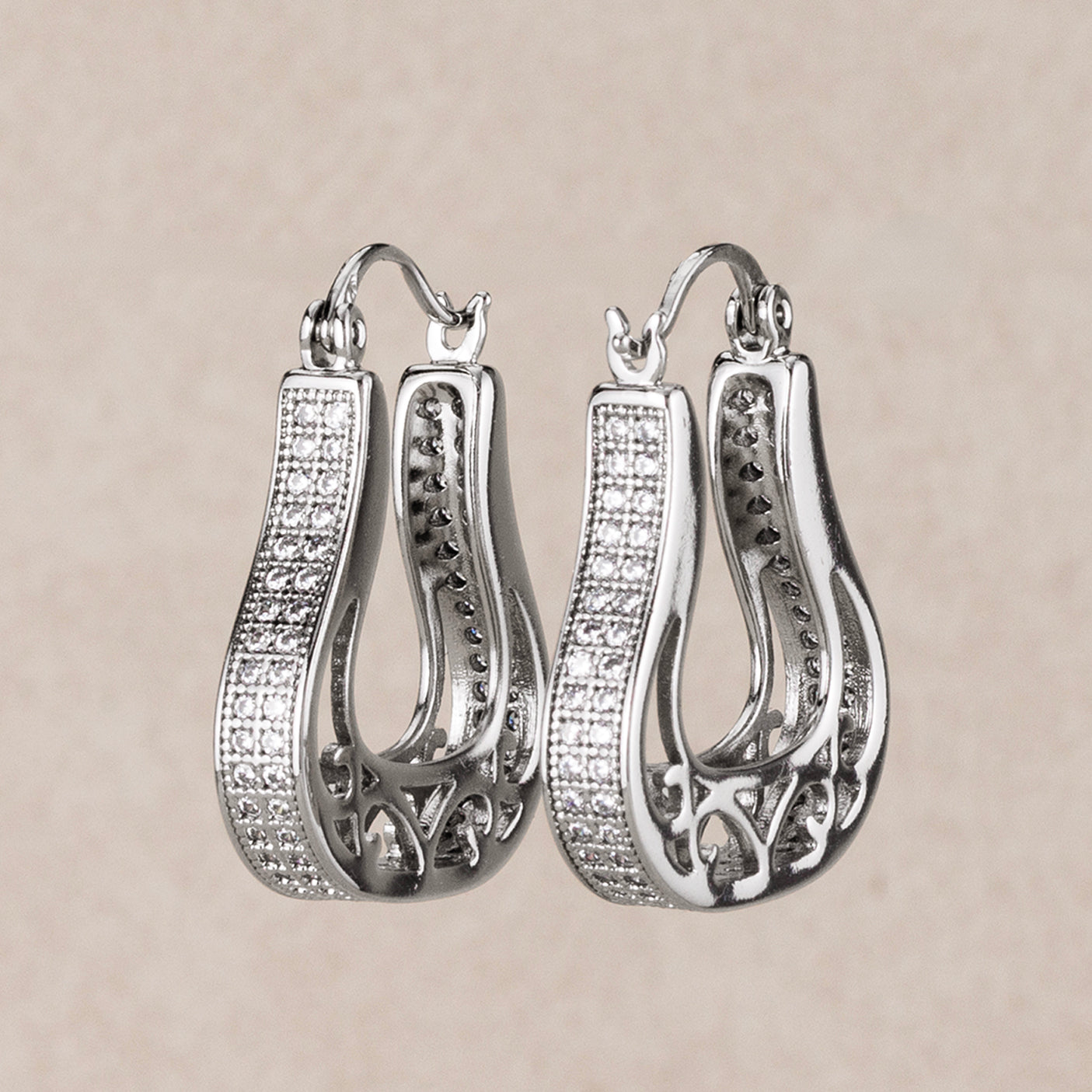 14K Rhodium Plated Micro Paved CZ Filigree Teardrop Hoop Earrings
