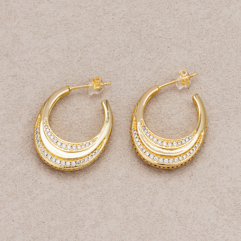24K Gold Plated Micro Paved CZ Double Crescent Moon Hoop Earrings
