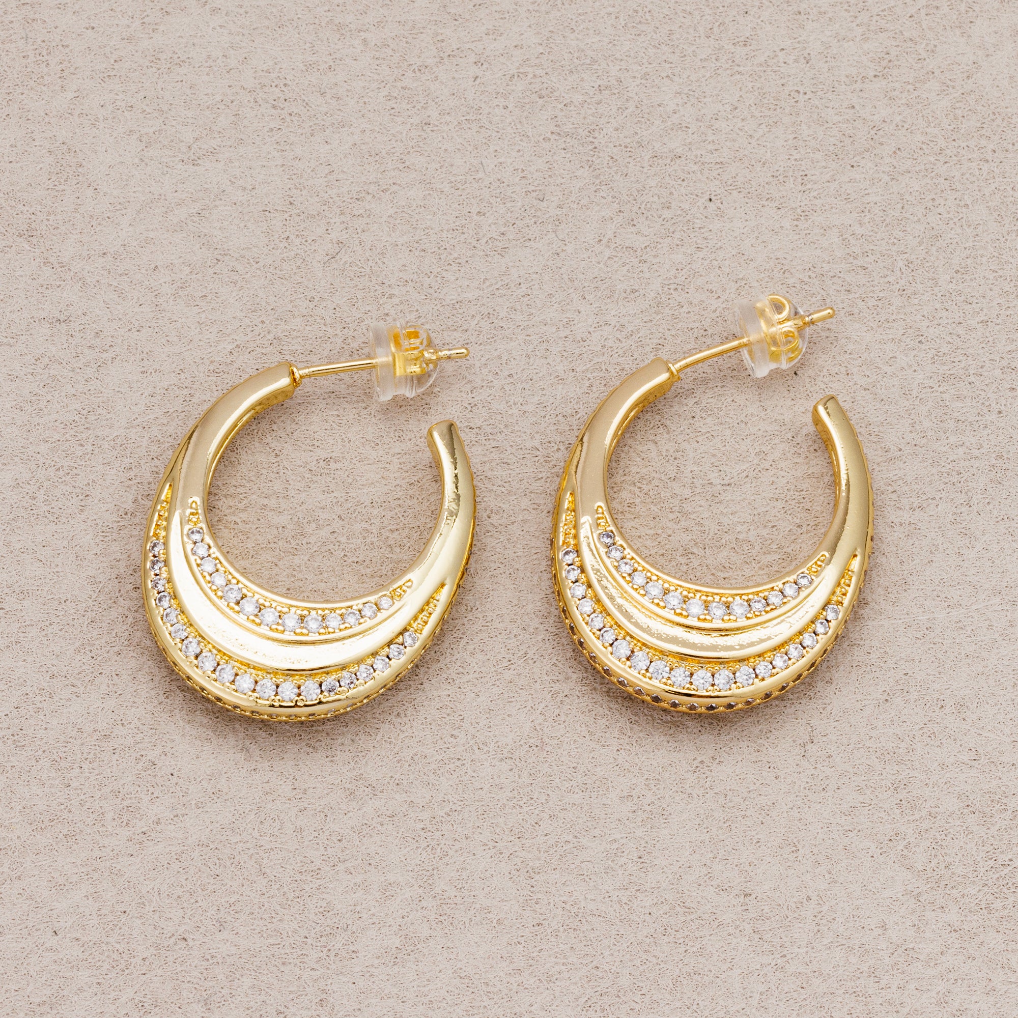 24K Gold Plated Micro Paved CZ Double Crescent Moon Hoop Earrings