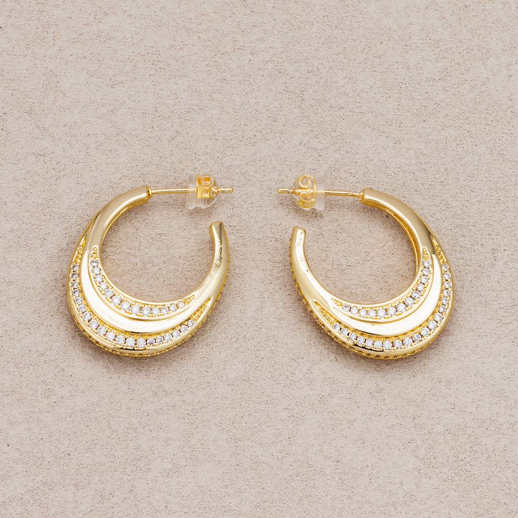 24K Gold Plated Micro Paved CZ Double Crescent Moon Hoop Earrings