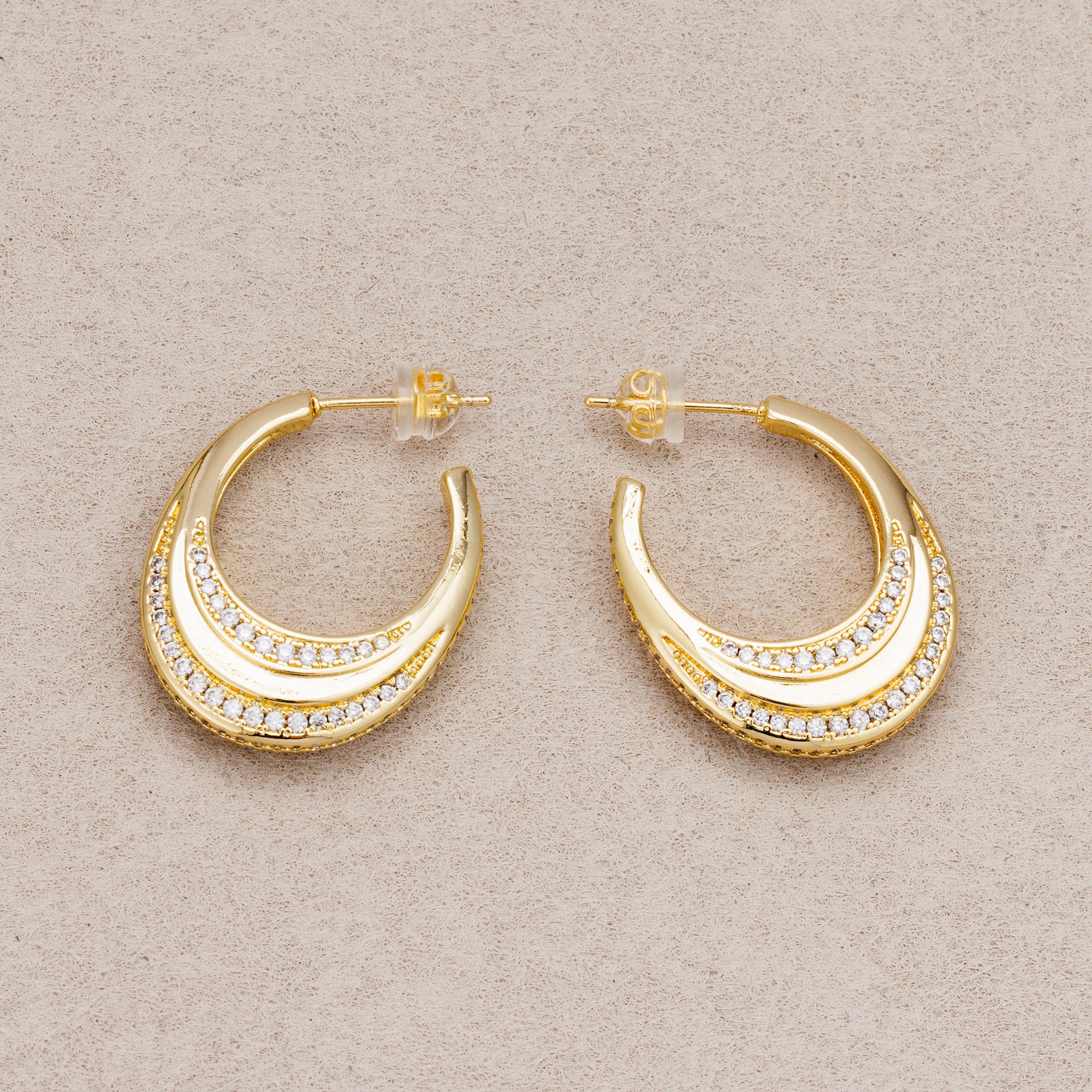 24K Gold Plated Micro Paved CZ Double Crescent Moon Hoop Earrings