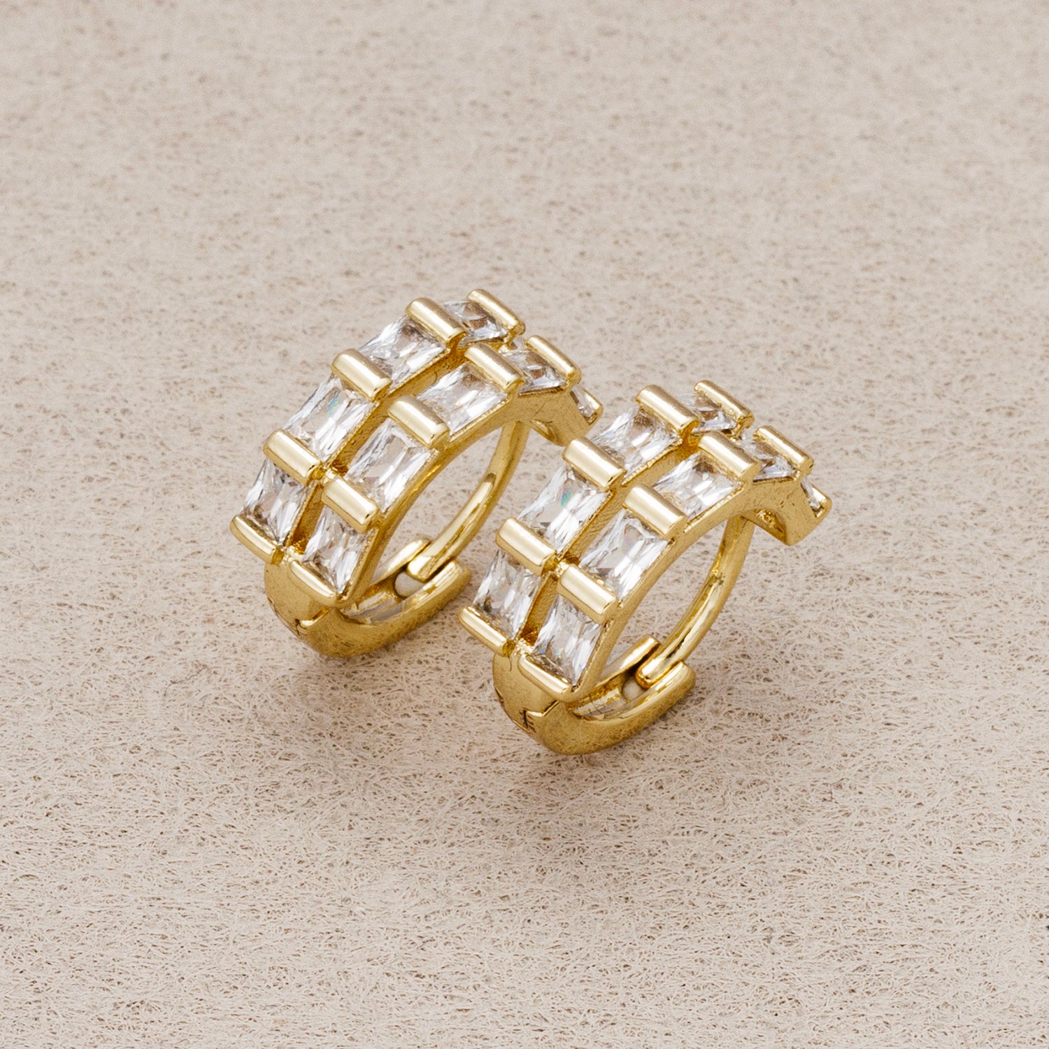 14K Gold Plated Baguette CZ Double Row Huggie Hoop Earrings