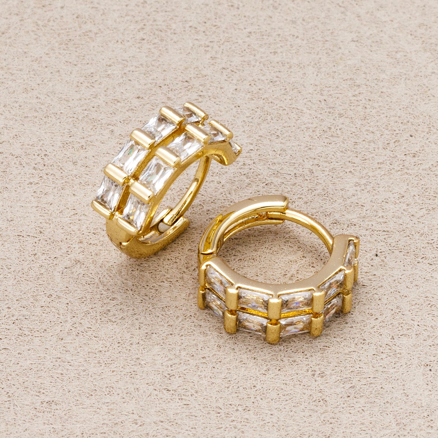 14K Gold Plated Baguette CZ Double Row Huggie Hoop Earrings