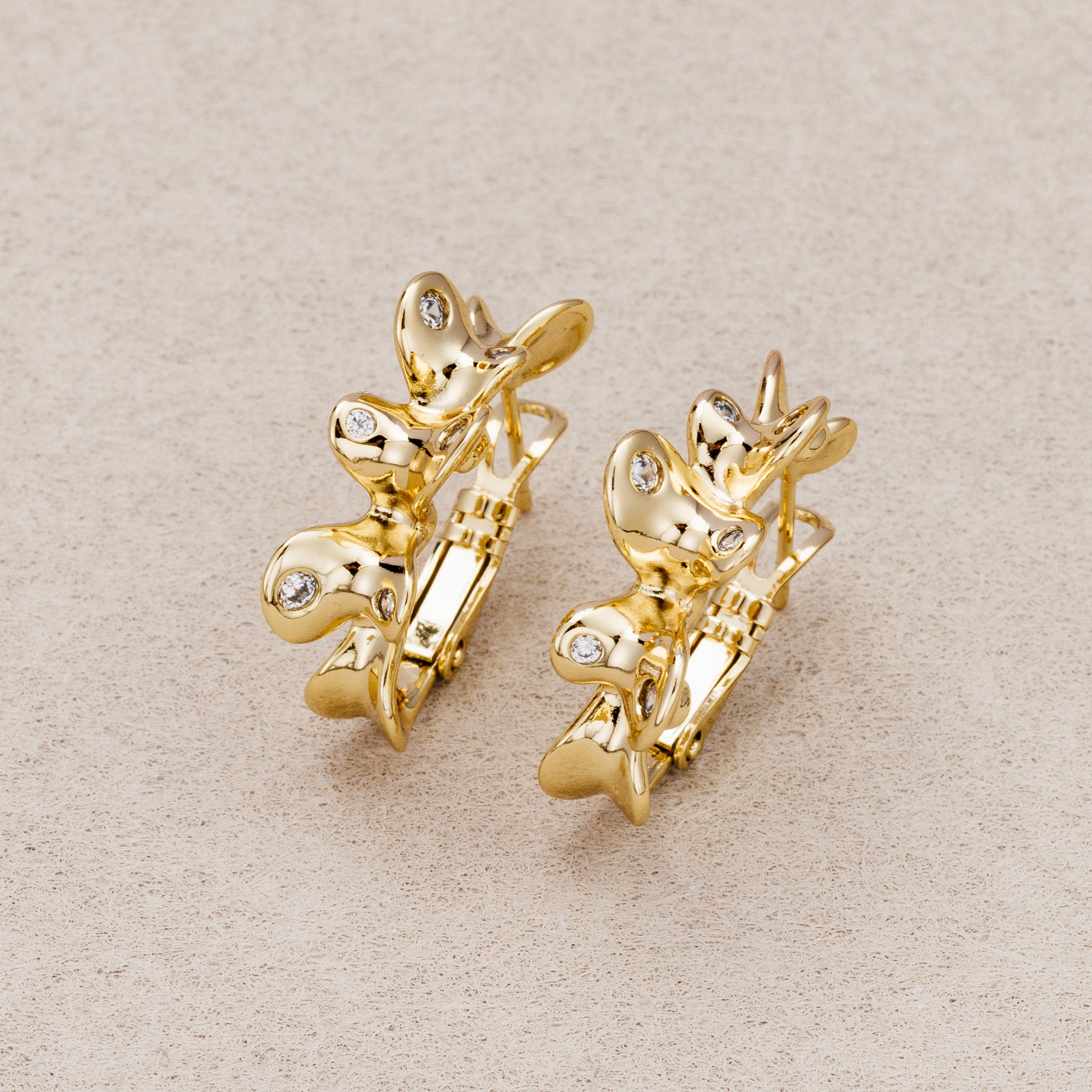 14K Gold Plated Clear CZ Molten Irregular Butterfly Hoop Earrings