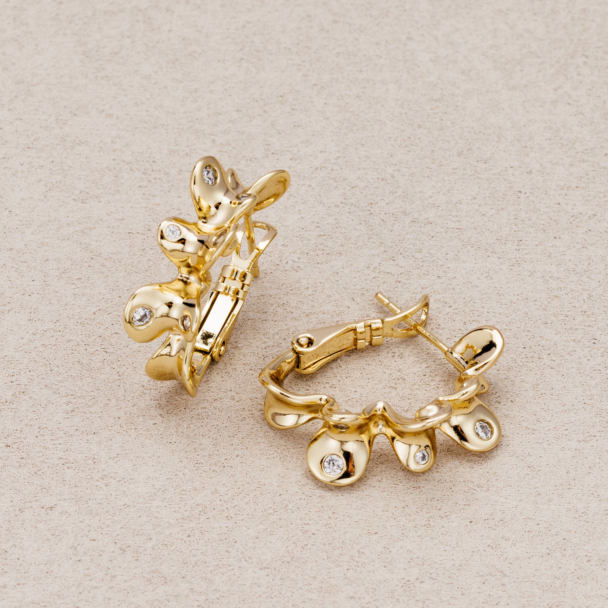 14K Gold Plated Clear CZ Molten Irregular Butterfly Hoop Earrings