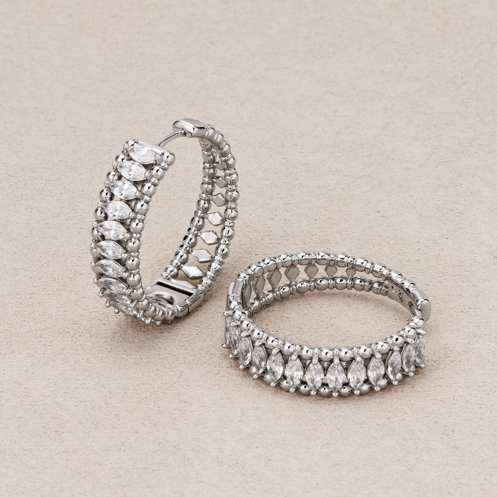 Rhodium Plated Micro Paved Marquise CZ Huggie Hoop Earrings