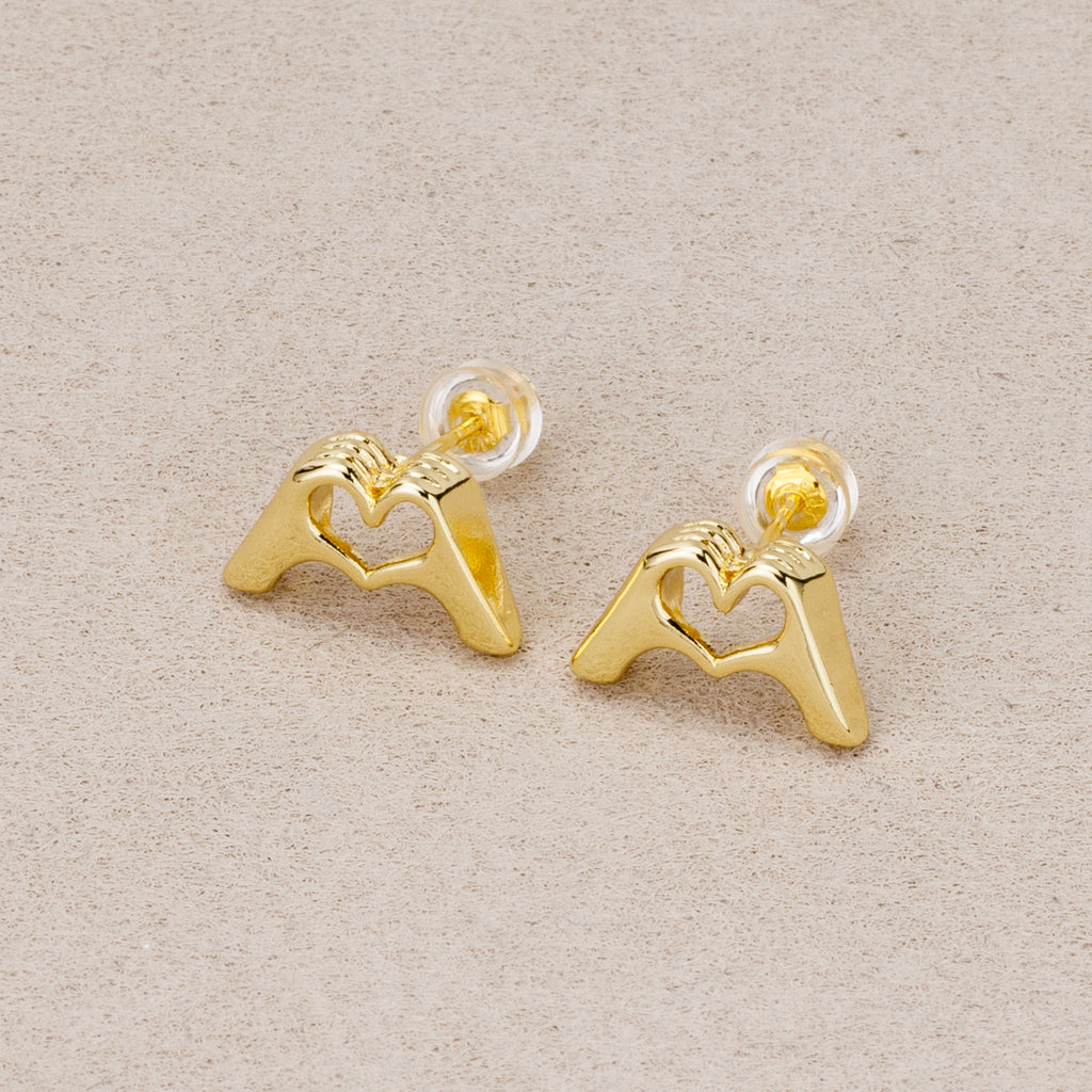 24K Gold Plated Plain Mini Hand Heart Stud Earrings