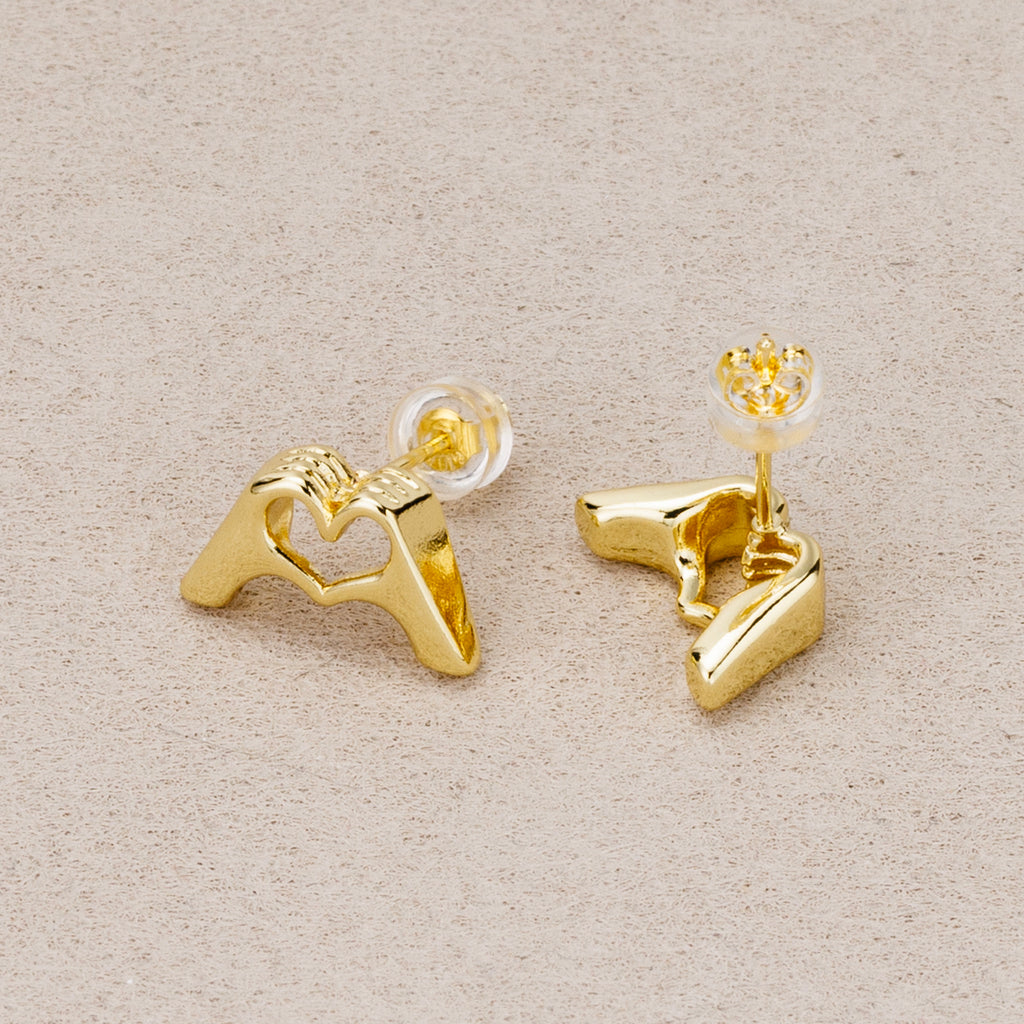 24K Gold Plated Plain Mini Hand Heart Stud Earrings
