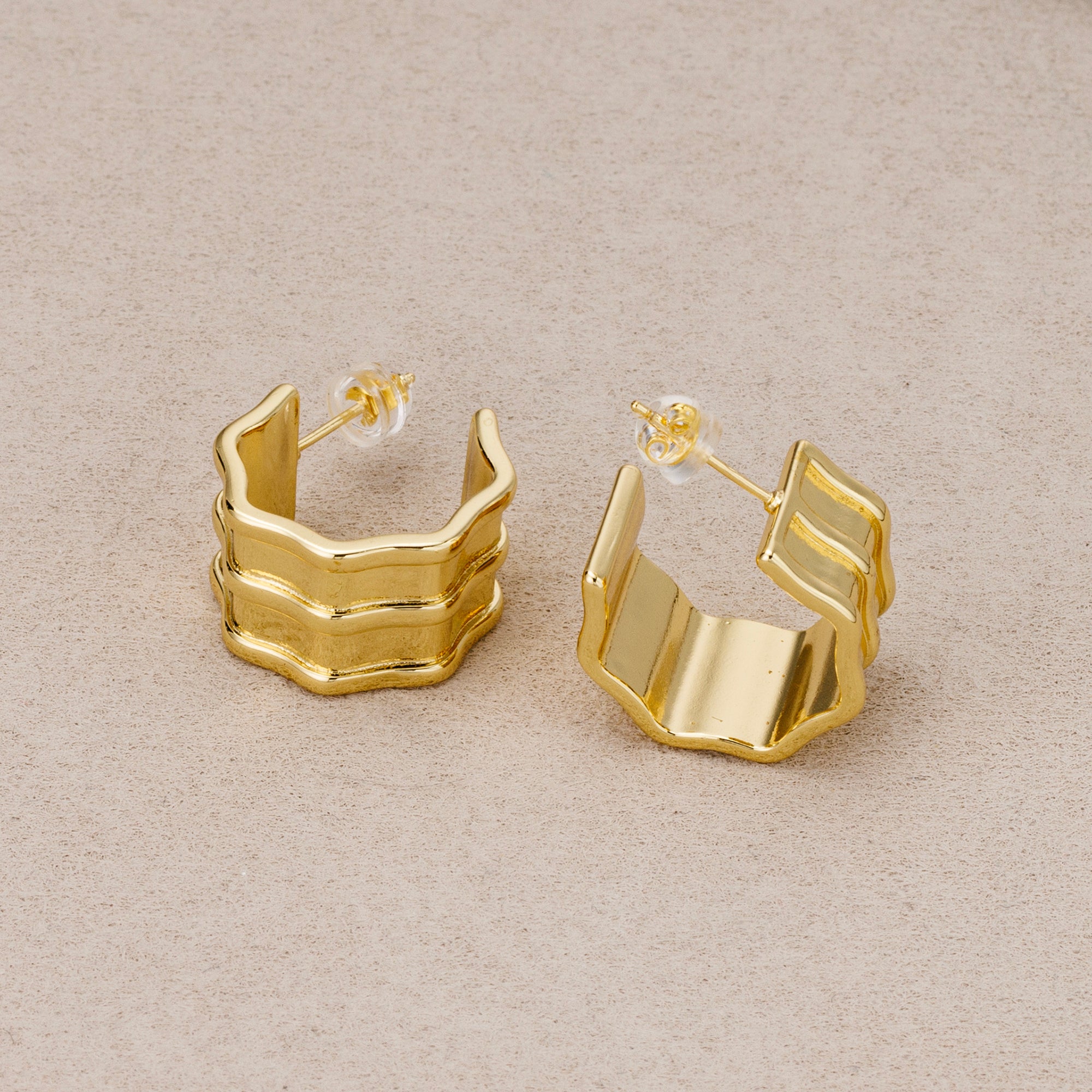24K Gold Plated Textured Wavy Ridged C Hoop Earrings