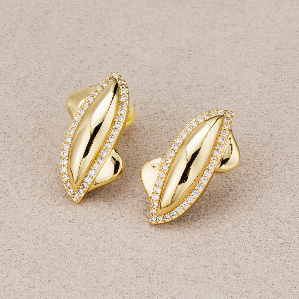 24K Gold Plated Micro Paved CZ Unique Molten Ellipse Stud Earrings