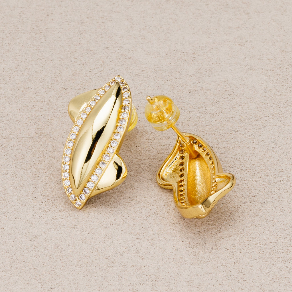 24K Gold Plated Micro Paved CZ Unique Molten Ellipse Stud Earrings