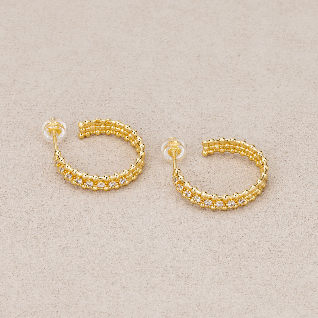 24K Gold Plated Micro Paved CZ Beaded Textured C Hoop Earrings