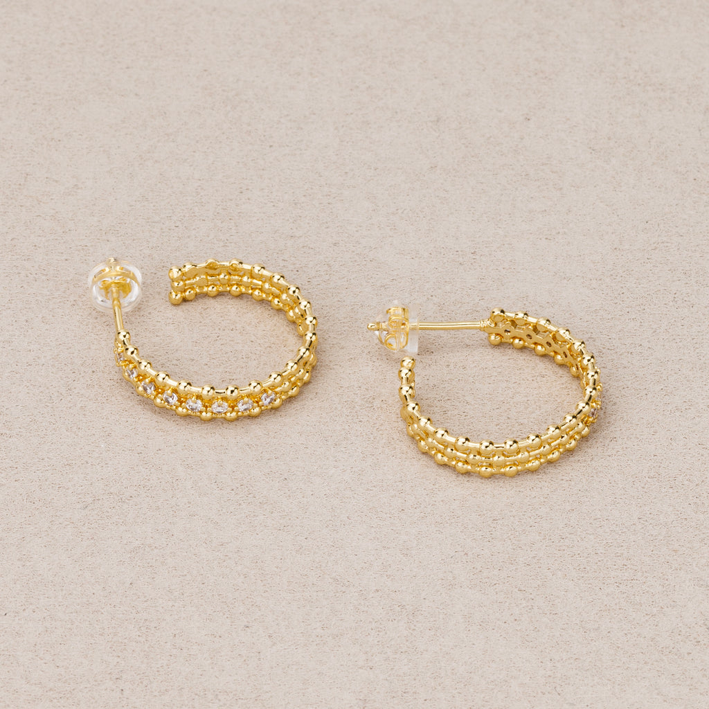 24K Gold Plated Micro Paved CZ Beaded Textured C Hoop Earrings