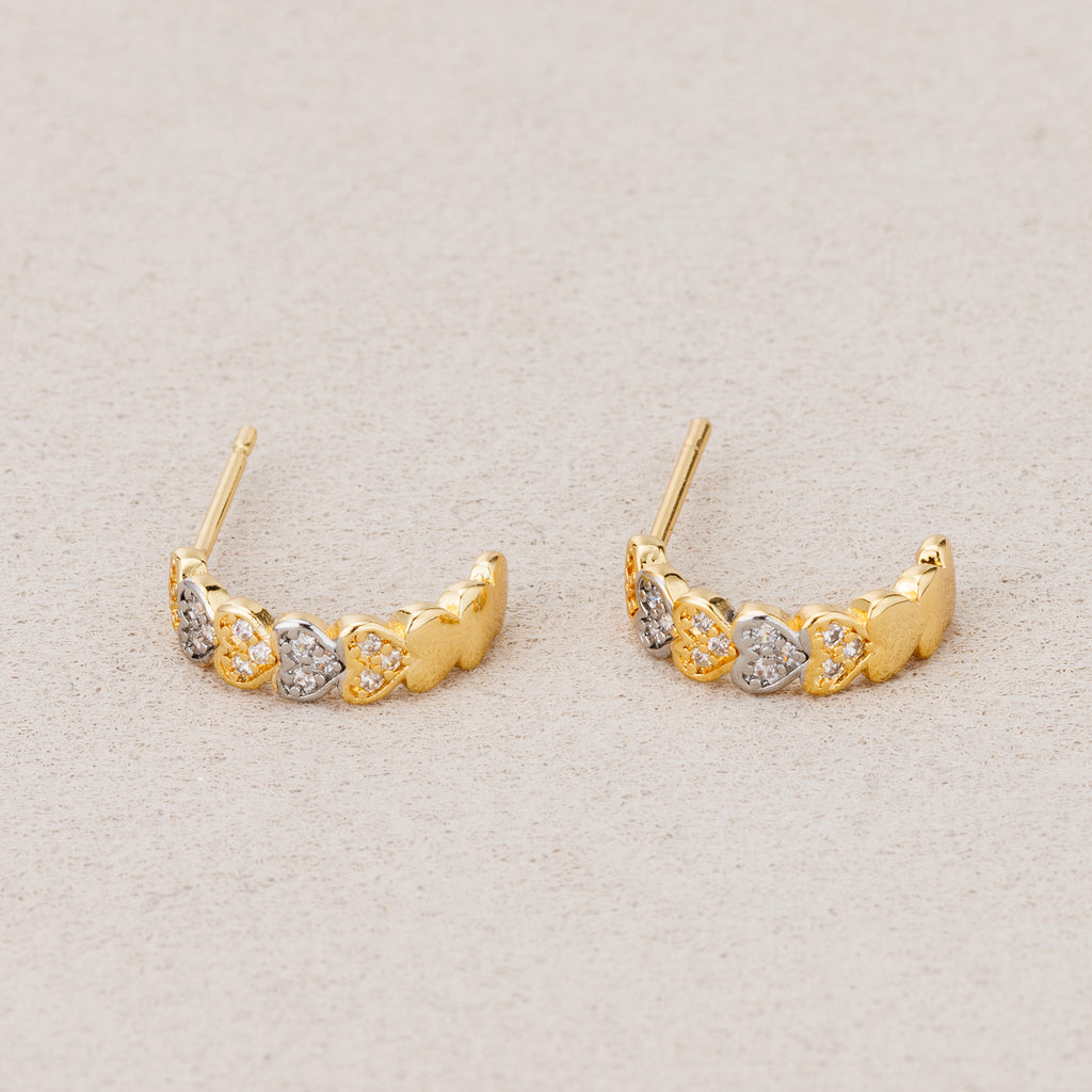 24K Gold Plated Micro Paved CZ Mini Heart Eternity C Hoop Earrings