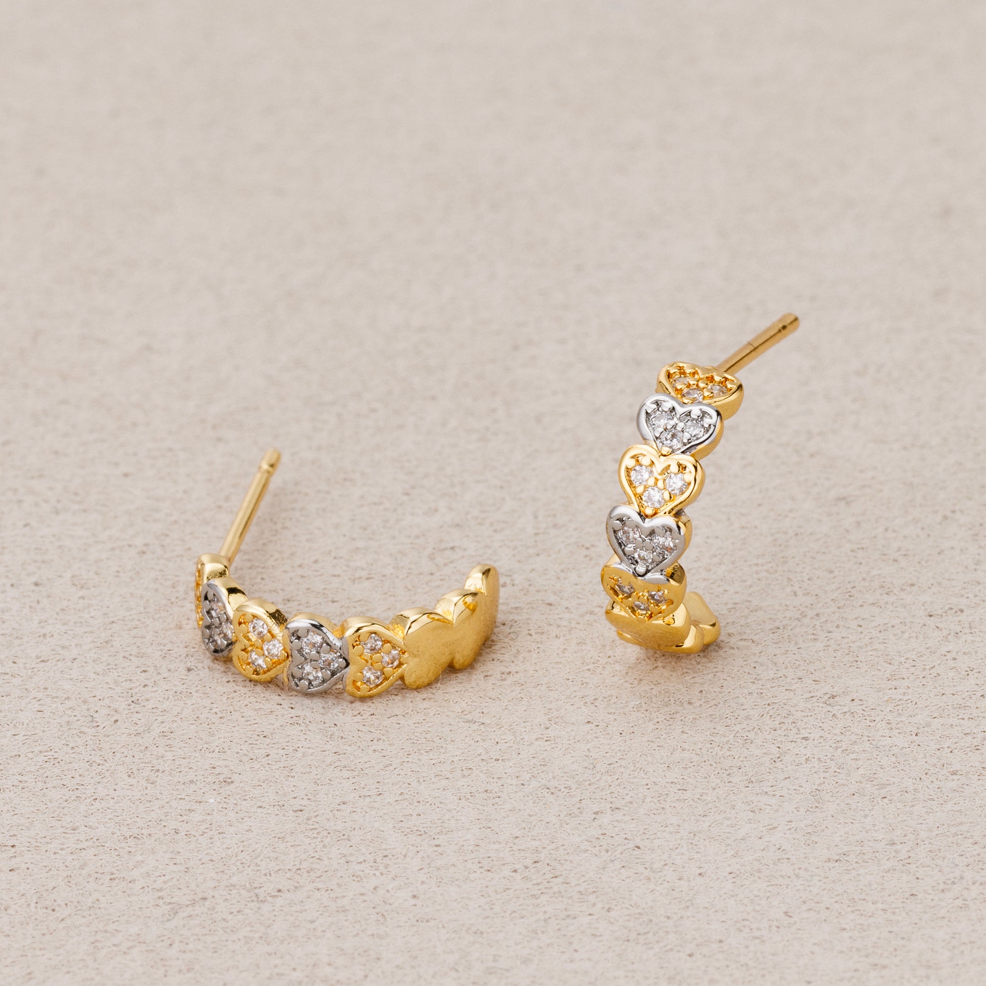 24K Gold Plated Micro Paved CZ Mini Heart Eternity C Hoop Earrings