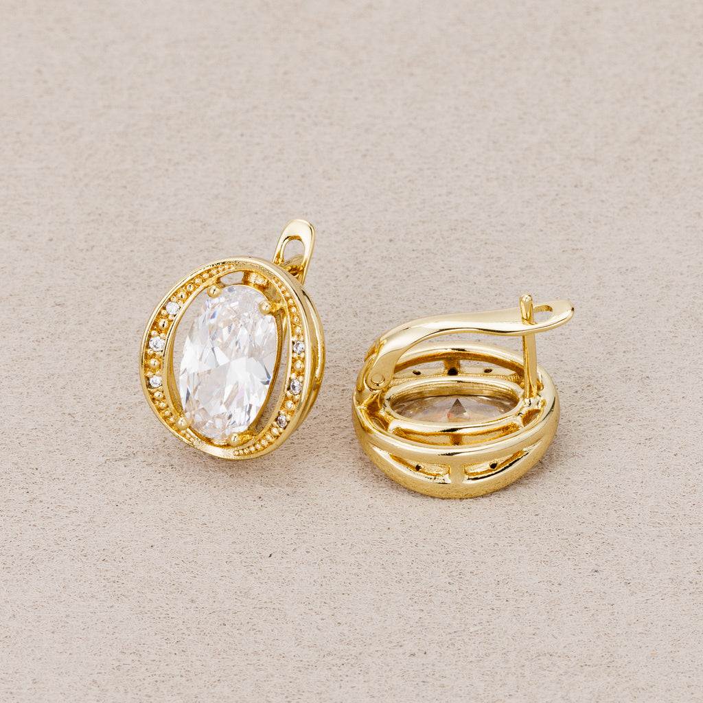 14K Gold Plated Oval CZ Vintage Beaded Textured Hoop Earrings