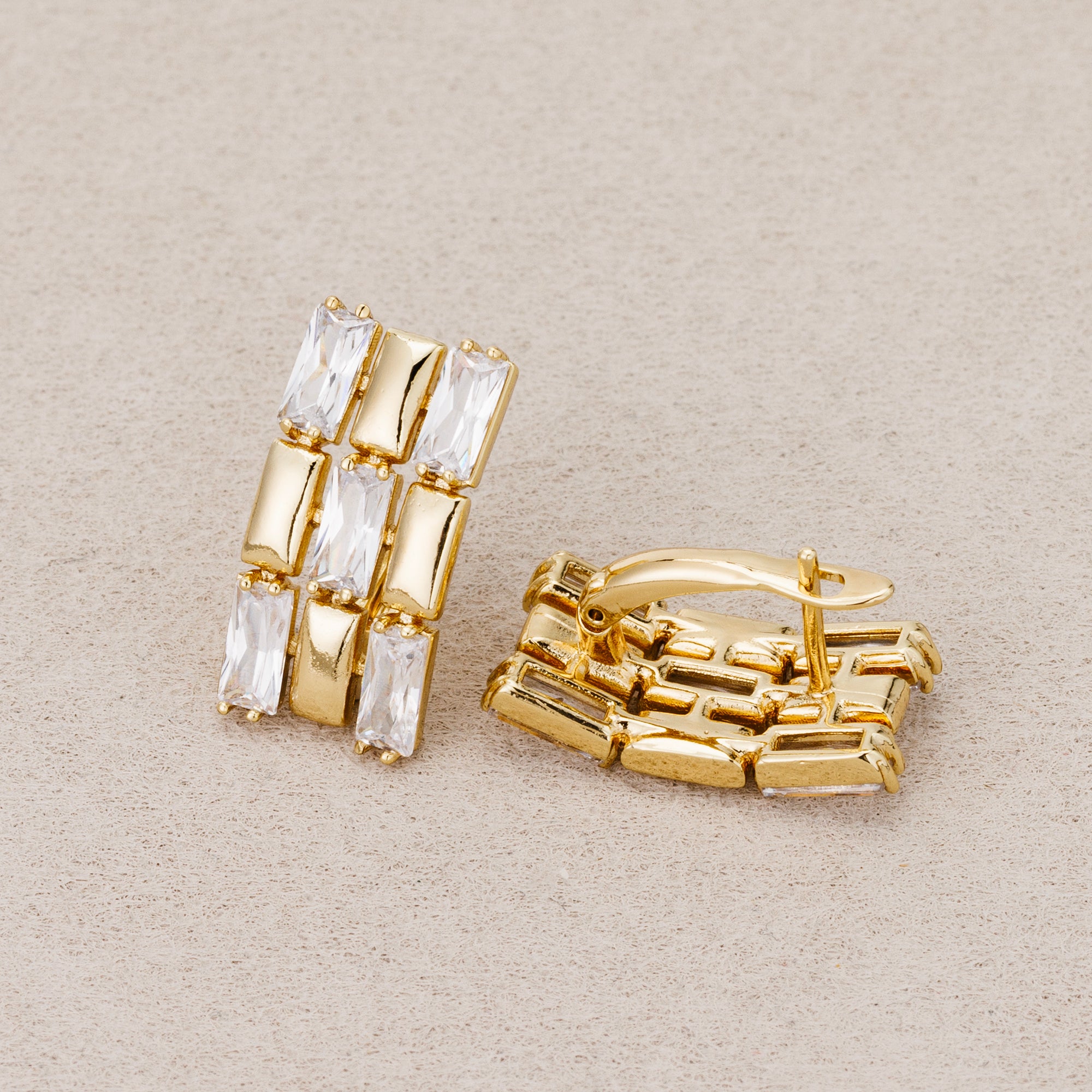 14K Gold Plated Clear CZ Baguette Chess Stud Earrings