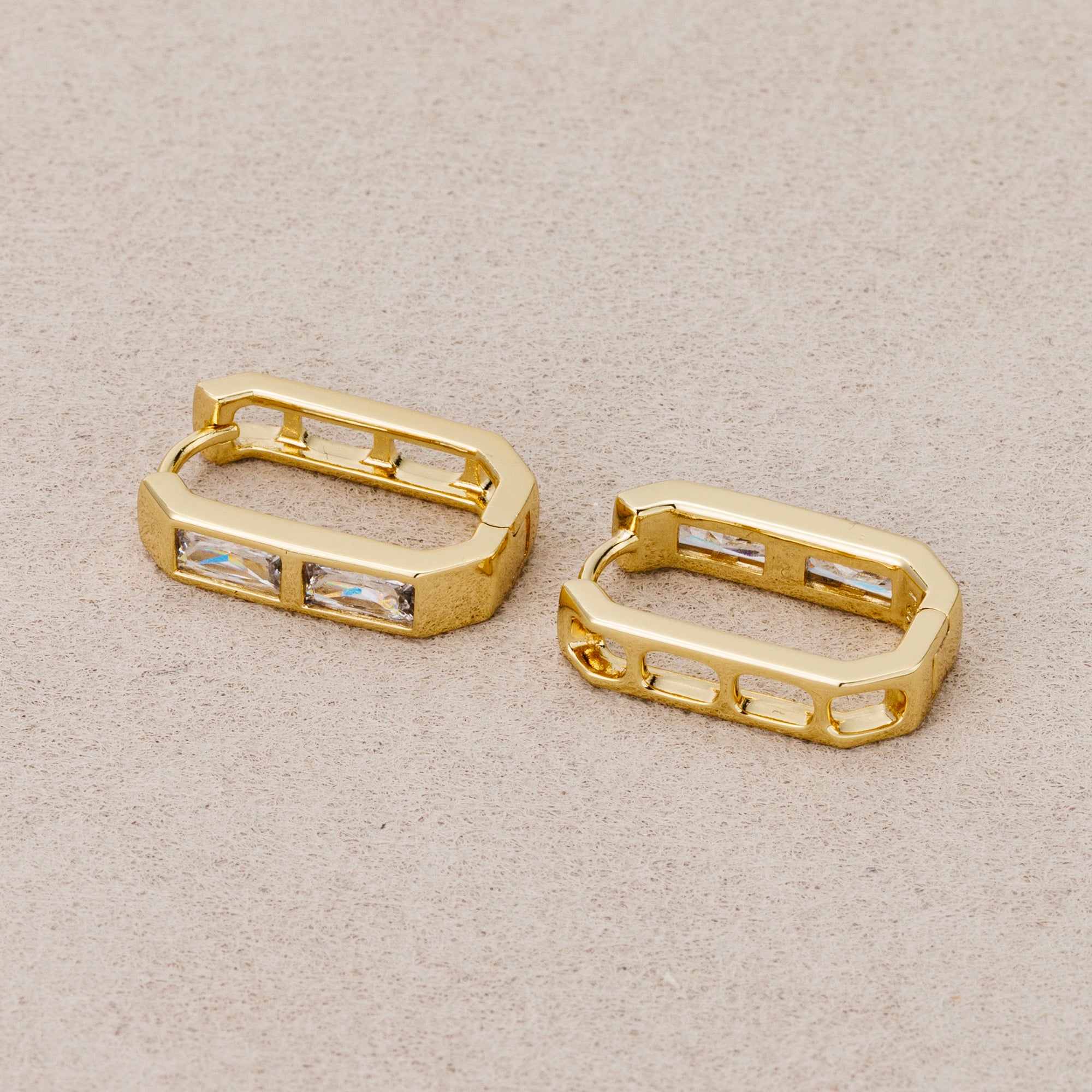 14K Gold Plated Baguette CZ Open Rectangular Huggie Hoop Earrings