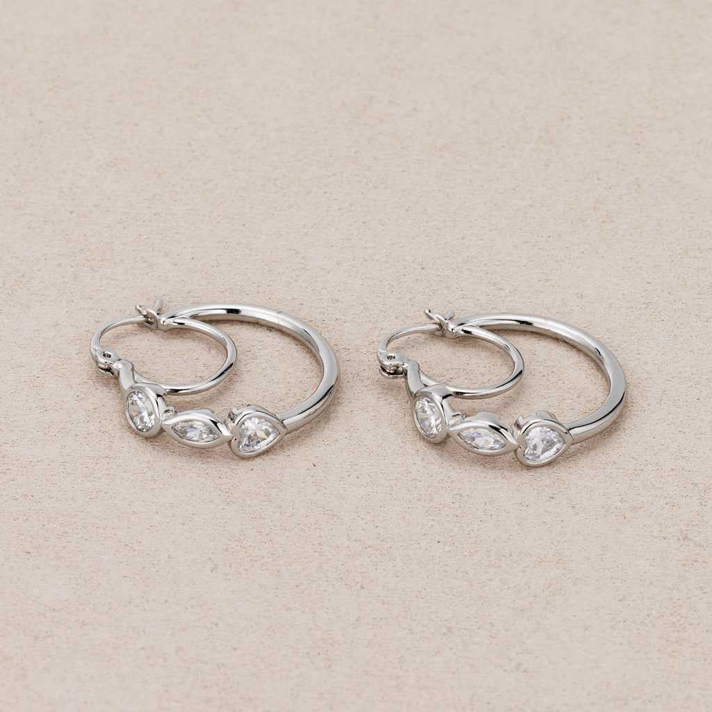 Rhodium Plated Multi-Cut CZ Double Layers Hoop Earrings
