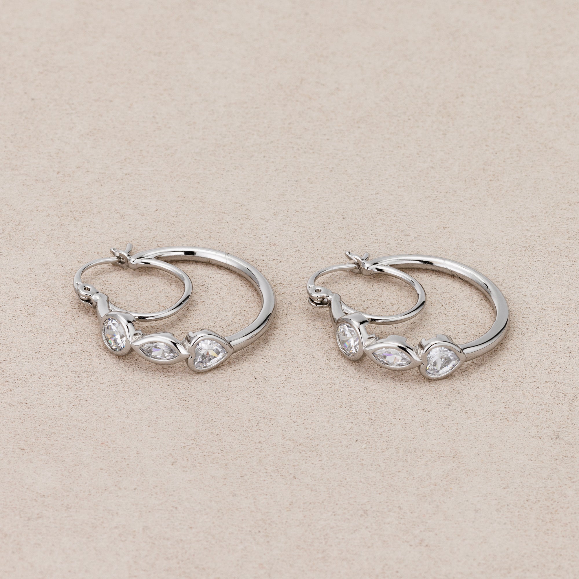 Rhodium Plated Multi-Cut CZ Double Layers Hoop Earrings