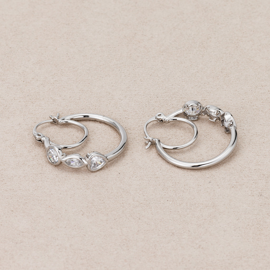 Rhodium Plated Multi-Cut CZ Double Layers Hoop Earrings