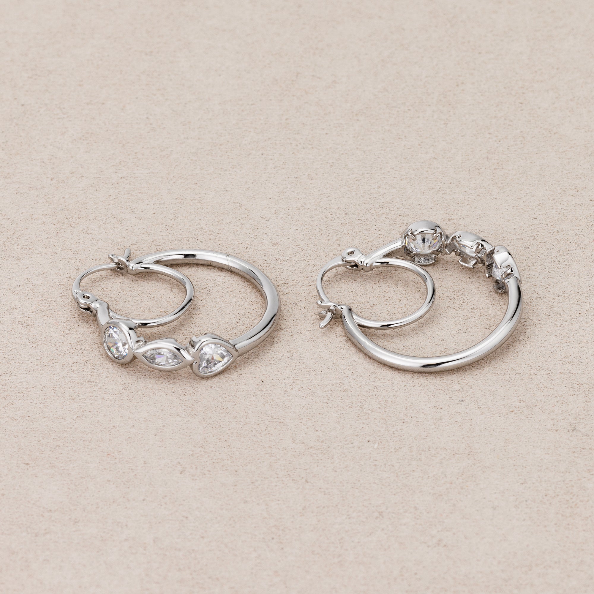 Rhodium Plated Multi-Cut CZ Double Layers Hoop Earrings