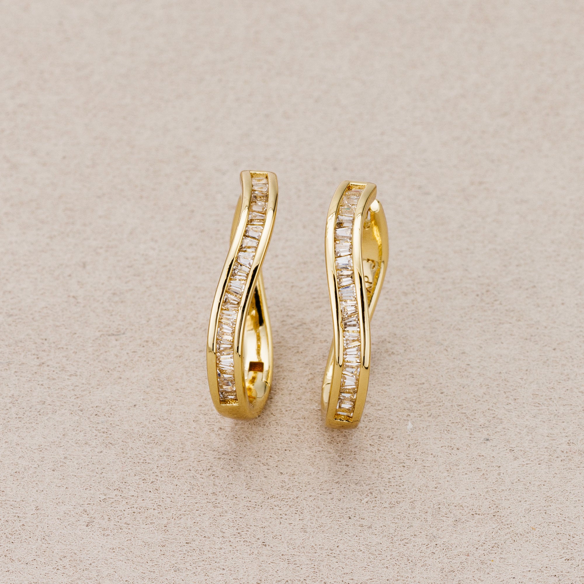 14K Gold Plated Baguette CZ Wavy Huggie Hoop Earrings